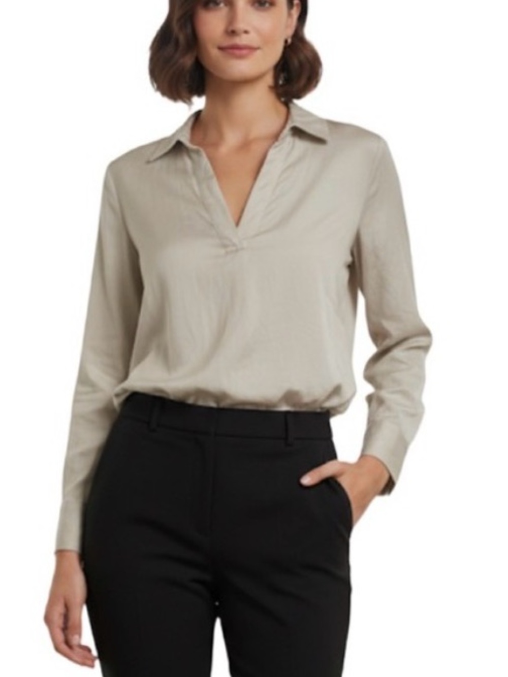 Elie Tahari Tencel V-Neck Blouse Neutral Minimalist Size S